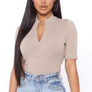 FASHION NOVA Tan Zip Up Bodysuit